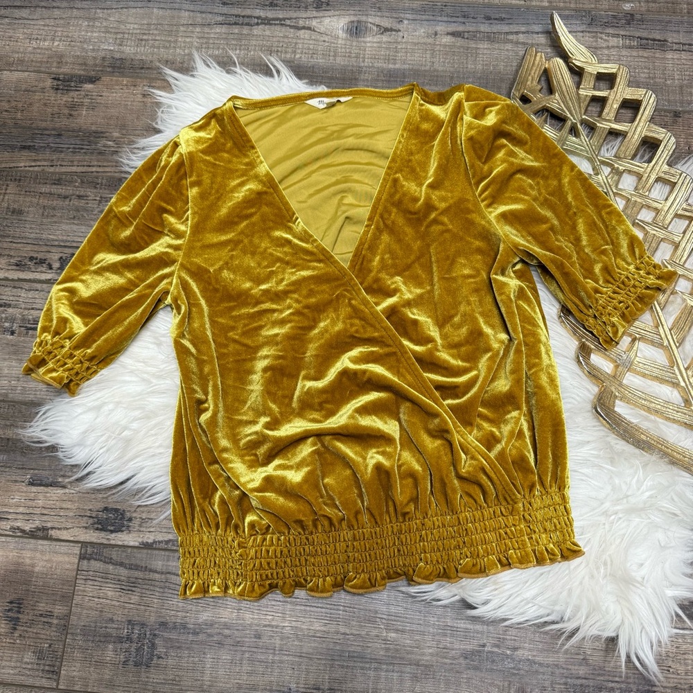 Madewell Velvet Mustard Gold Faux Wrap V-Neck Top